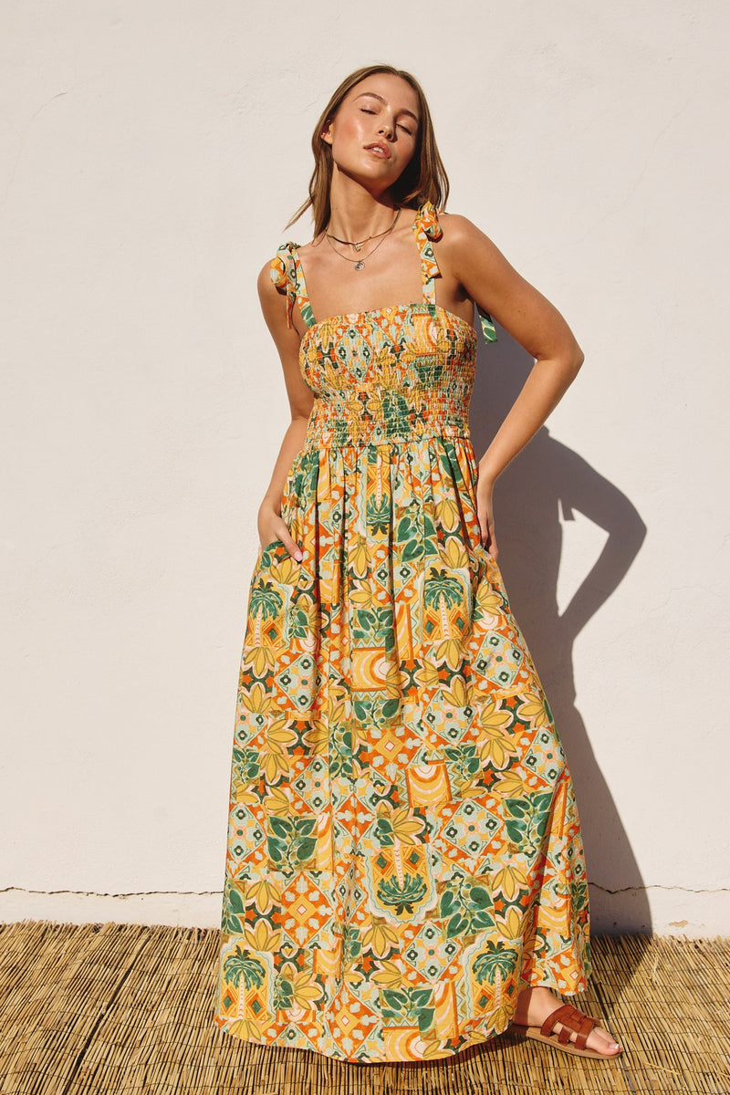 Y London Floral Tie Sleeve Smock Maxi Dress Black/floral