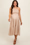 Beige Floral Linen Smocked One Shoulder Tiered Maternity Midi Dress