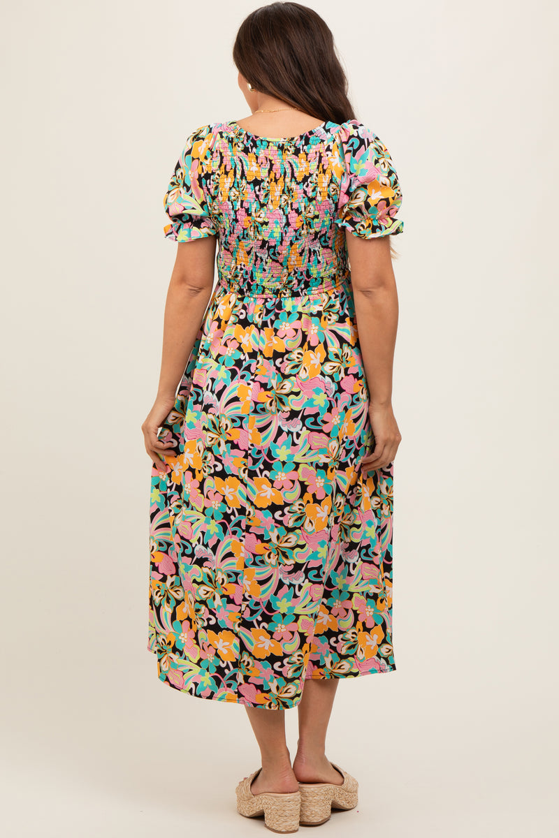 Black Floral Smocked Short Midi Dress