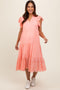 Peach V-Neck Eyelet Detail Ruffle Shoulder Tiered Maternity Midi Dress