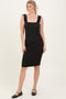 Black Ribbed Ruffle Strap Midi Dress