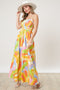 White Abstract Print Pleated Bodice Maxi Dress