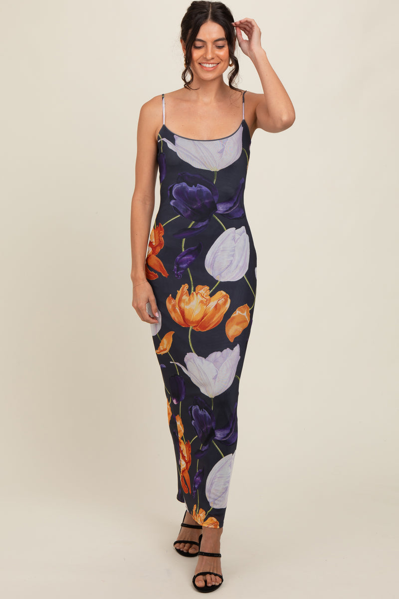 Navy Blue Floral Mesh Sleeveless Maxi Dress – PinkBlush