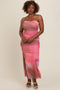 Pink Abstract Print Ruched Side Slit Maxi Dress