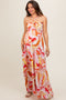 Pink Abstract Print Halter Maternity Maxi Dress