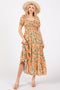 Peach Floral Smocked Tiered Midi Dress