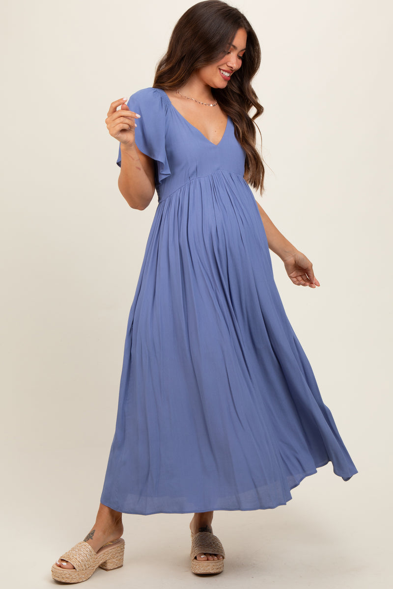 Blue V-Neck Flutter Short Sleeve Maternity Midi Dress– PinkBlush