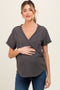 Charcoal Wrap Short Sleeve Raw Hem Maternity Top