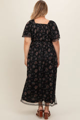 Black Floral Waist Tie Plus Maternity Midi Dress