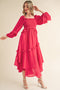 Fuchsia Smocked Ruffle Long Sleeve Midi Dress