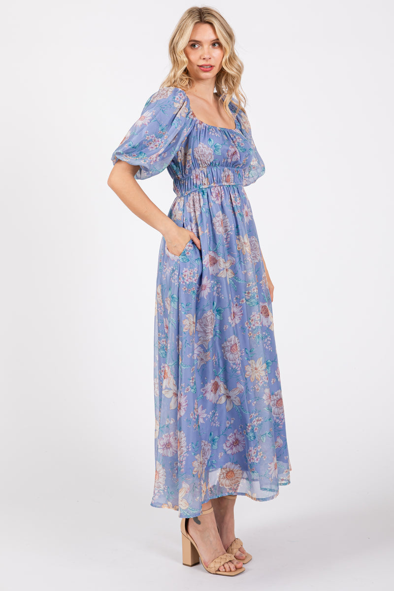 Blue Floral Chiffon Puff Sleeve Midi Dress – PinkBlush