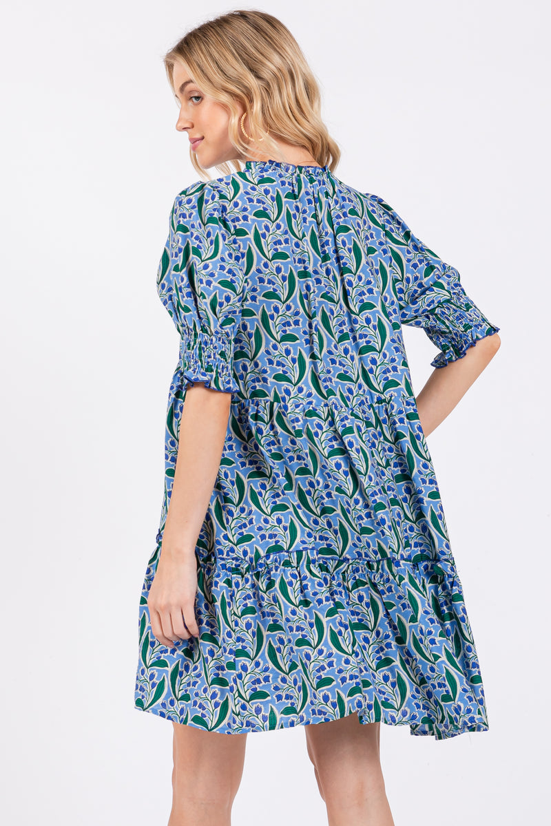 SHORT PUFF SLEEVE BUTTON DOWN FLORAL DRESS WITH CONTRAST ACCENT - BLUE main image 1