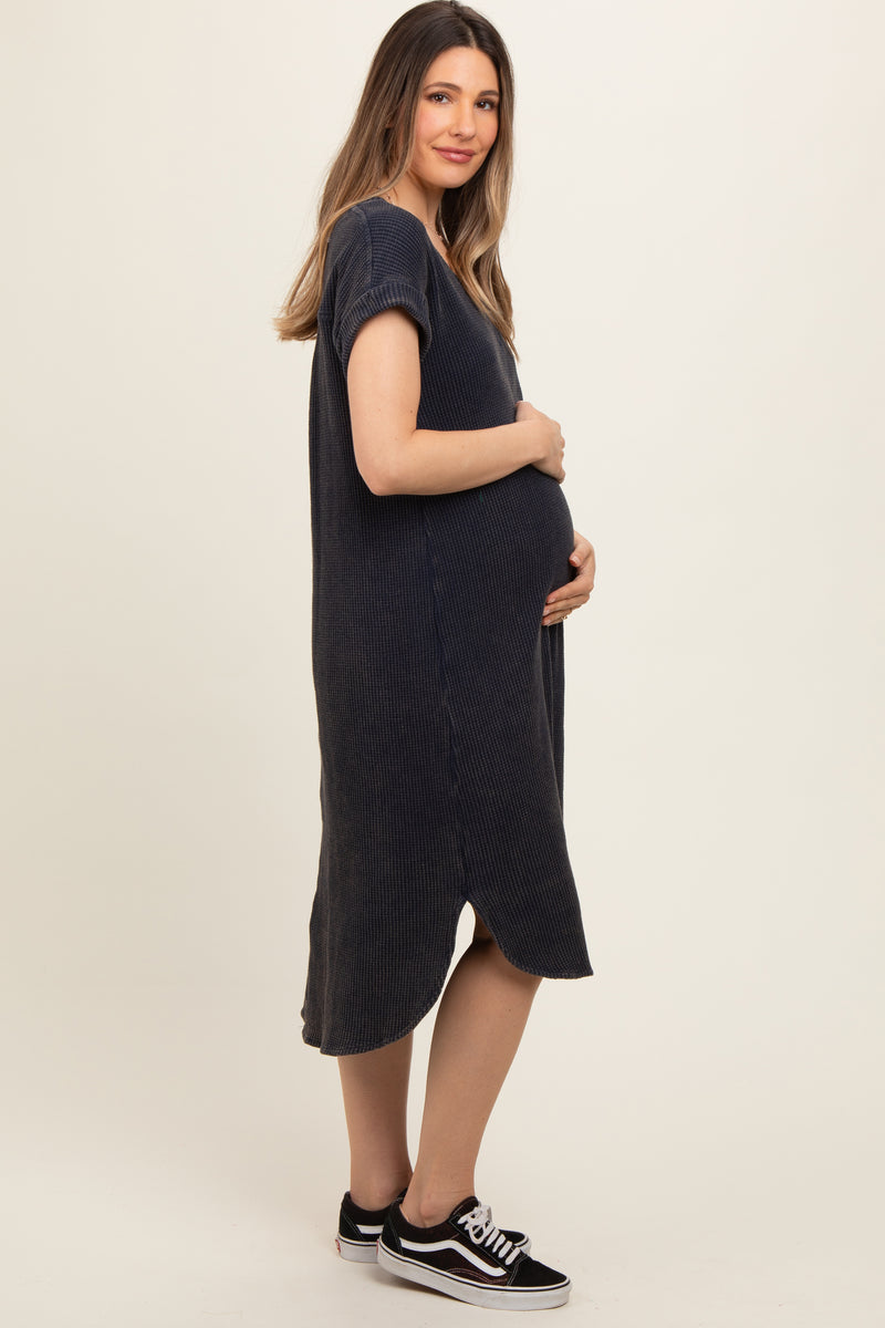 Taupe Waffle Knit Button Long Sleeve Maternity Midi Dress