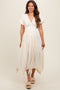 Cream Deep V-Neck Puff Short Sleeve Asymmetrical Hem Maternity Midi Dress
