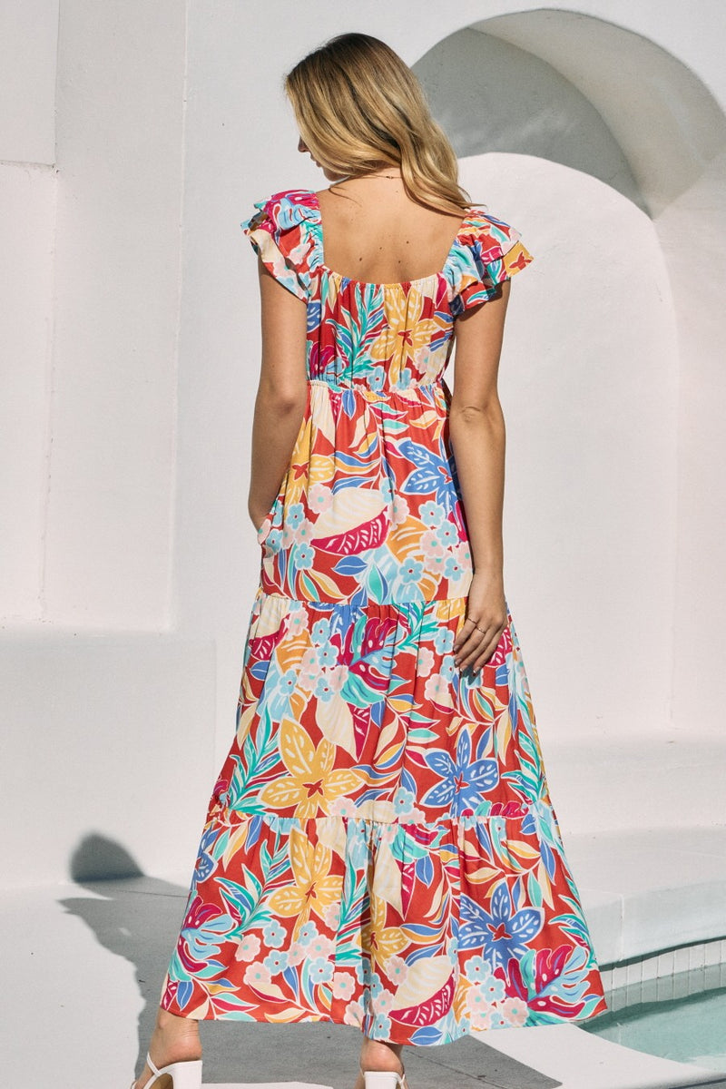 Pre-Order Red Floral Half Sleeve Deep V Neck Cutout Back Split Maxi Dress main image 1