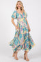 Teal Floral Puff Sleeve Handkerchief Hem Maxi Dress