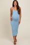 Blue Fitted Spaghetti Strap Maternity Midi Dress