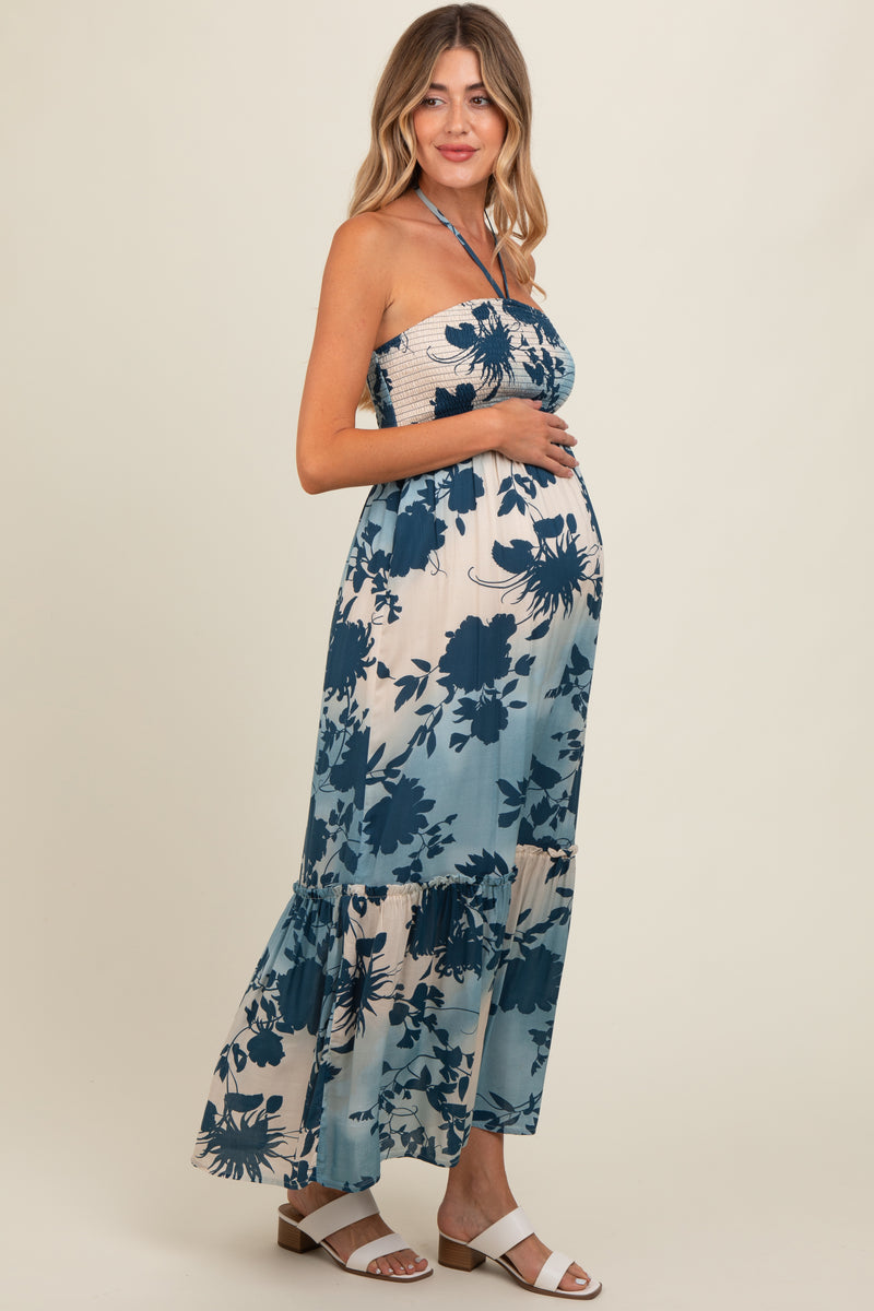 Blue Floral Smocked Halter Maternity Maxi Dress – PinkBlush