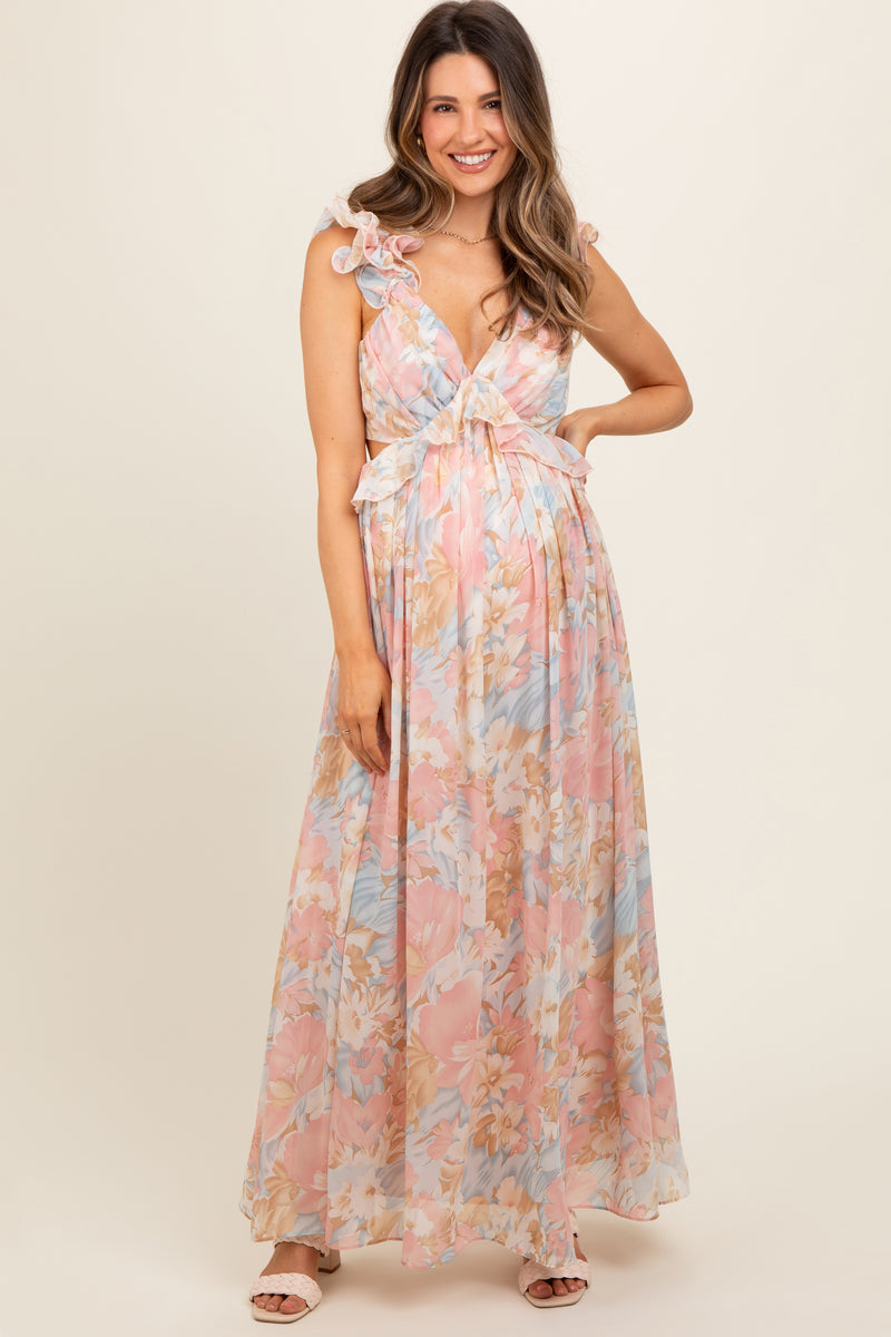 Designarche Light Pink Off Shoulder With Sleeves Chiffon Side Slit Maternity Gown . main image 0