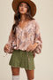 Mocha V-Neck Long Puff Sleeve Top