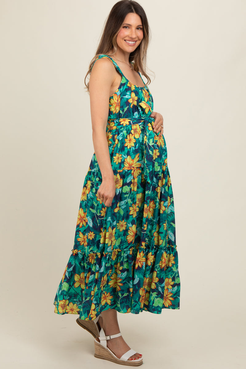 Yellow Floral Contrast Shoulder Tie Maternity Midi Dress main image 1