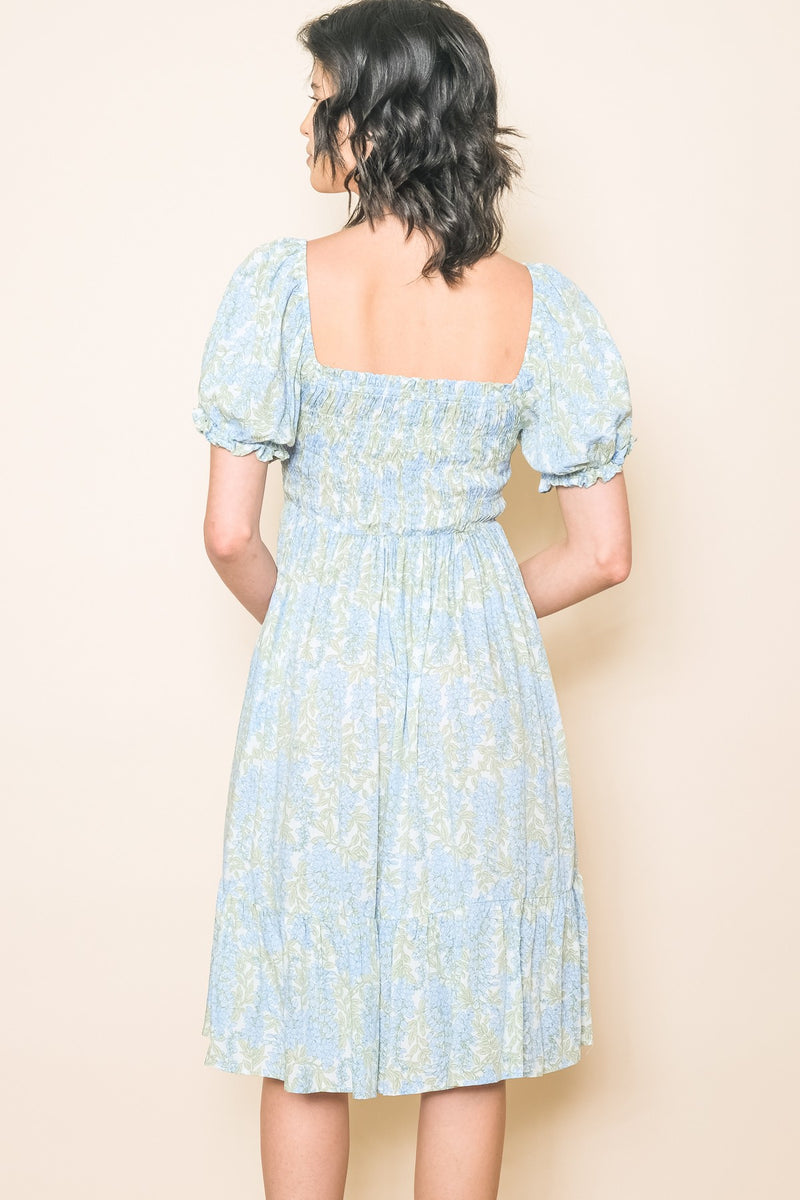 Light Blue Floral Puff Sleeve Smocked Chest Dress– PinkBlush