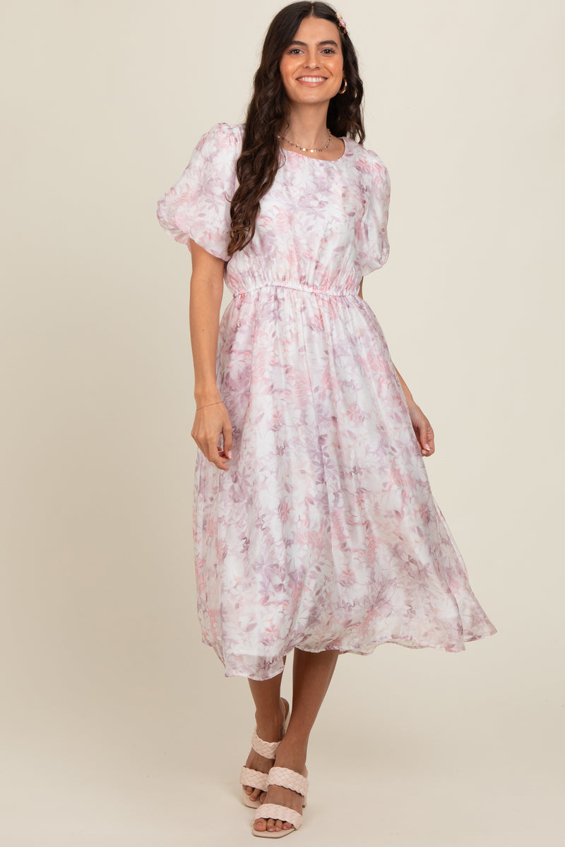 Pink Dress Bow Elegant Puff Sleeve Floral Print V Neck Short Dress main image 1