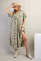 Light Olive Tiger Print Button Front Rounded Hem Midi Dress