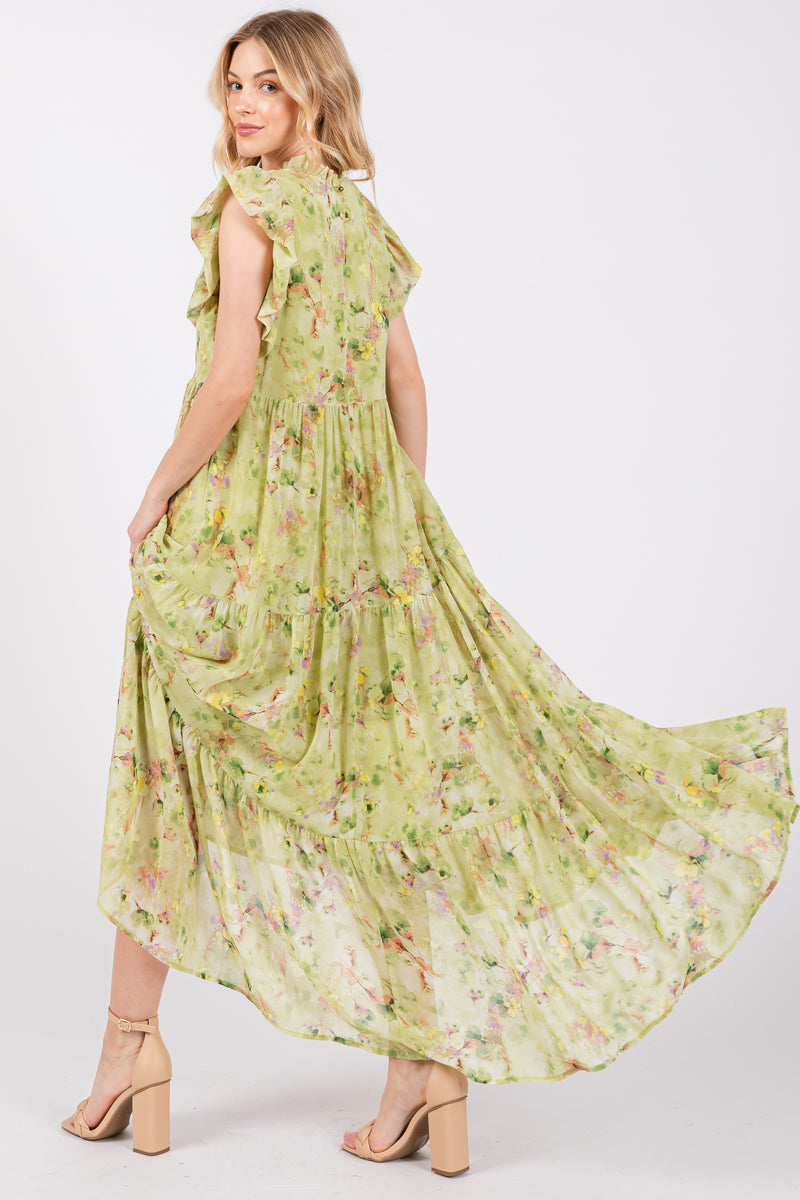 High Slit Tiered Chiffon Ruffle Skirt Dress Tangerine