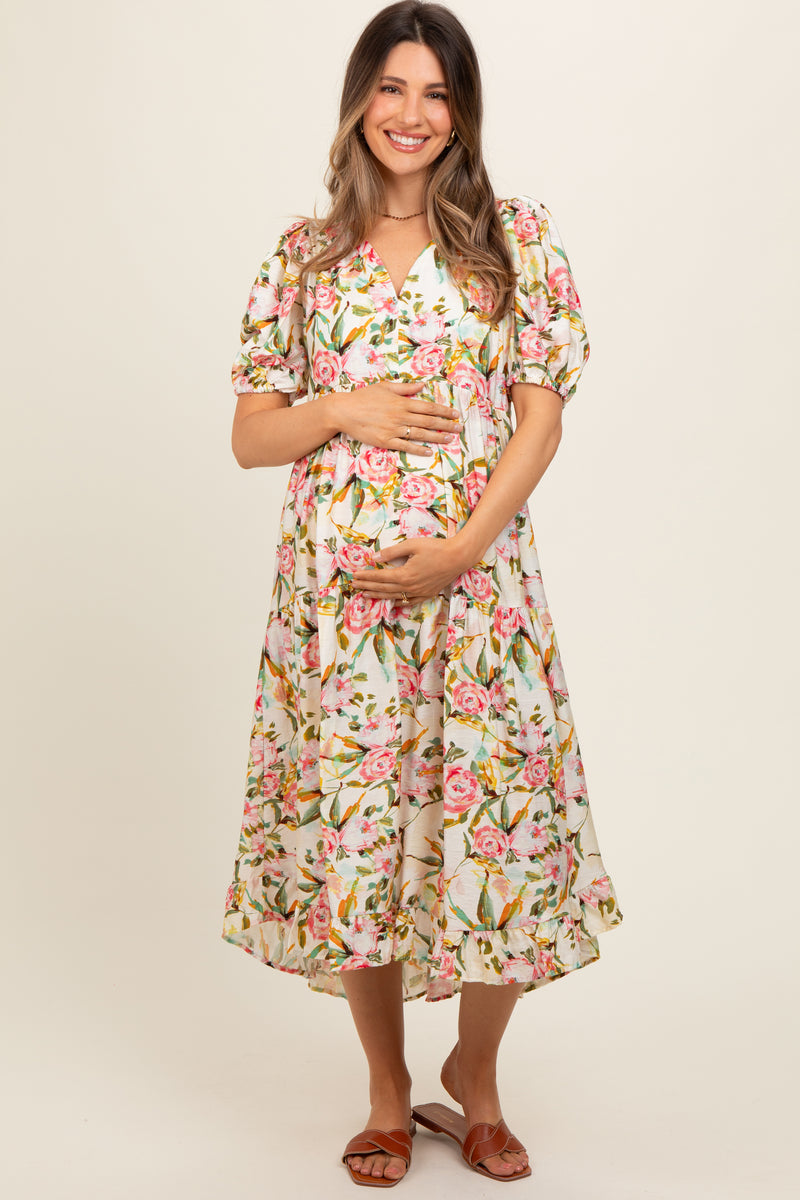 Women White Floral Maternity A-Line Midi Dress
