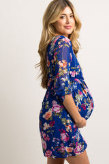 Royal Blue Floral 3/4 Sleeve Chiffon Maternity Dress