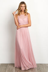 Light Pink Mesh Neckline Ruched Bust Maternity Evening Gown