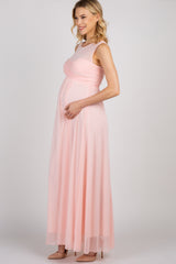 Light Pink Mesh Neckline Ruched Bust Maternity Evening Gown