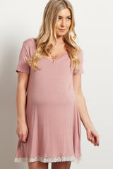 PinkBlush Mauve Lace Trim V-Neck Maternity Sleep Dress