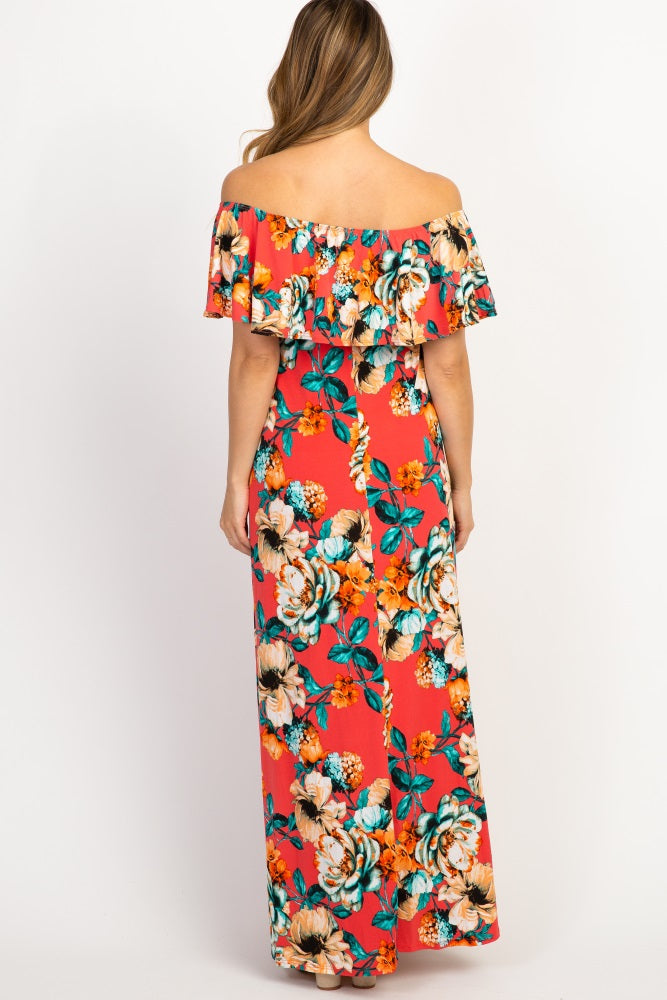 PinkBlush Coral Floral Off Shoulder Maternity Maxi Dress