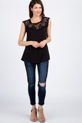 Black Solid Lace Accent Top