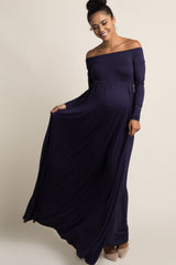 PinkBlush Navy Blue Solid Off Shoulder Maternity Maxi Dress