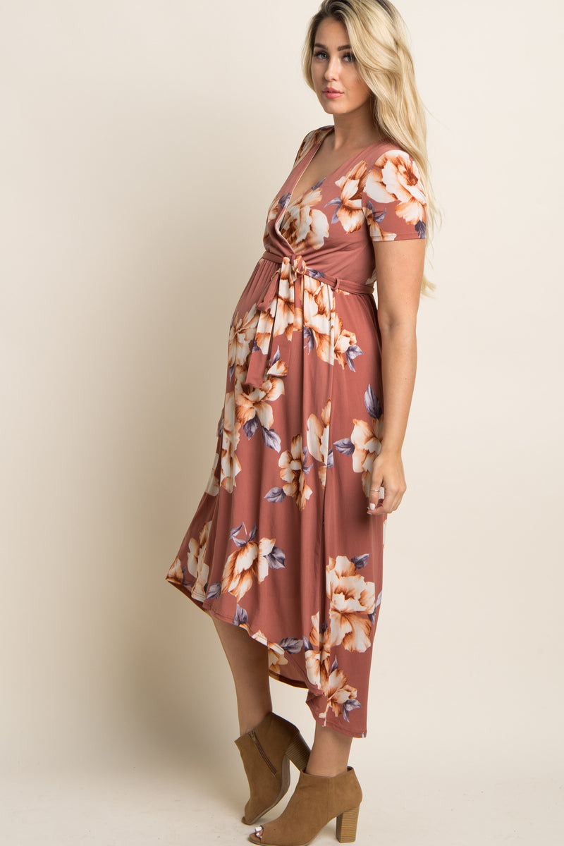 Rust Floral Hi-Low Maternity Wrap Dress– PinkBlush