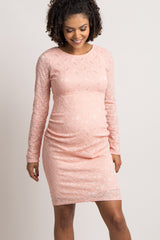 Peach Lace Fitted Long Sleeve Maternity Dress