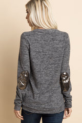 Charcoal Grey Heathered Sequin Elbow Patch Sweater