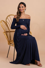 PinkBlush Petite Navy Blue Solid Off Shoulder Maternity Maxi Dress