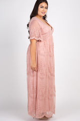 PinkBlush Light Pink Lace Mesh Overlay Plus Maxi Dress