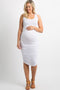 White Solid Ruched Fitted Maternity Bodycon Midi Dress