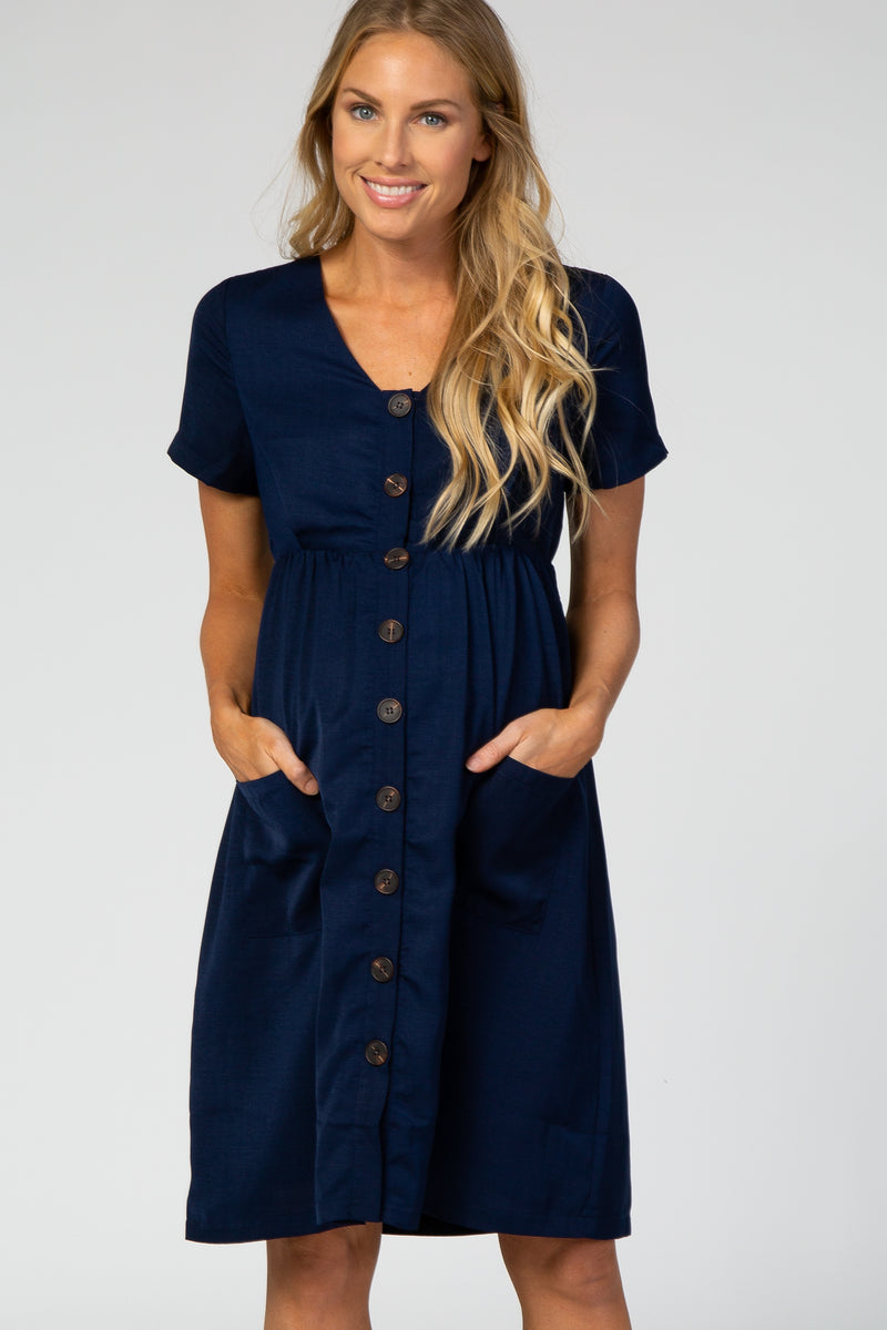 PinkBlush Navy Button Down Short Sleeve Maternity Dress
