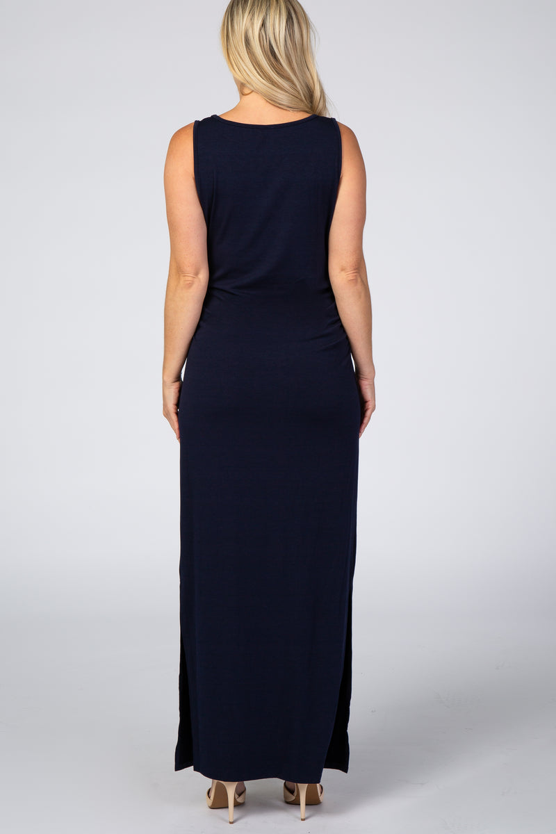 Navy Ribbed Sleeveless Ruched Side Slit Midi Dress