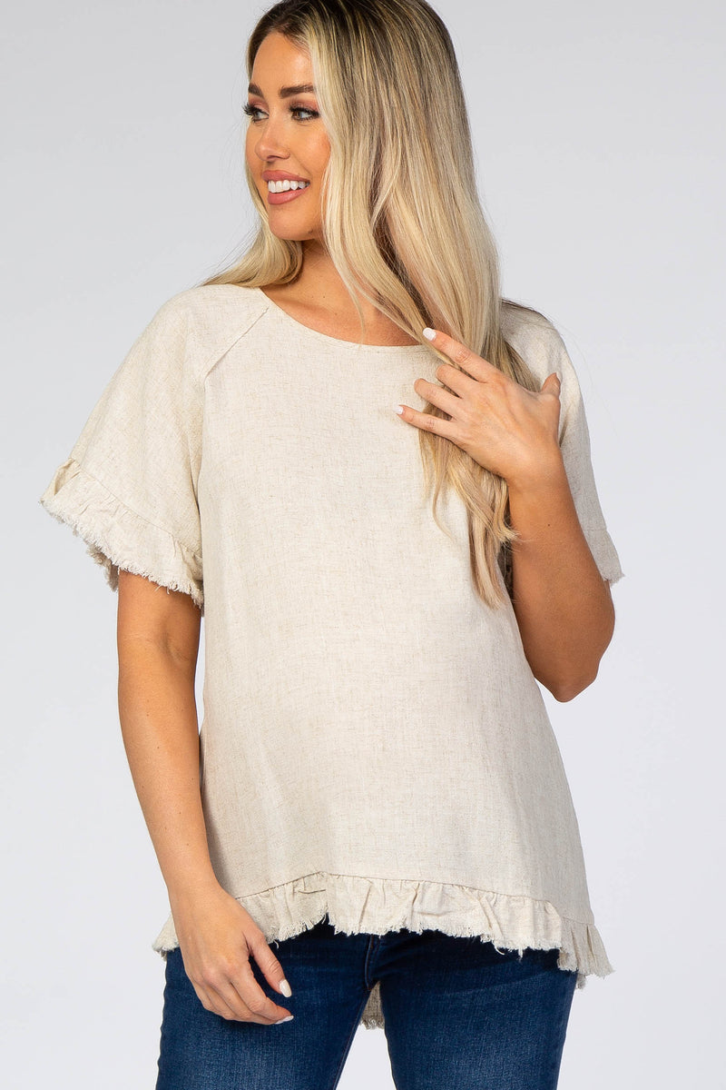 Beige Solid Color Ruffled Short Sleeve Blouse