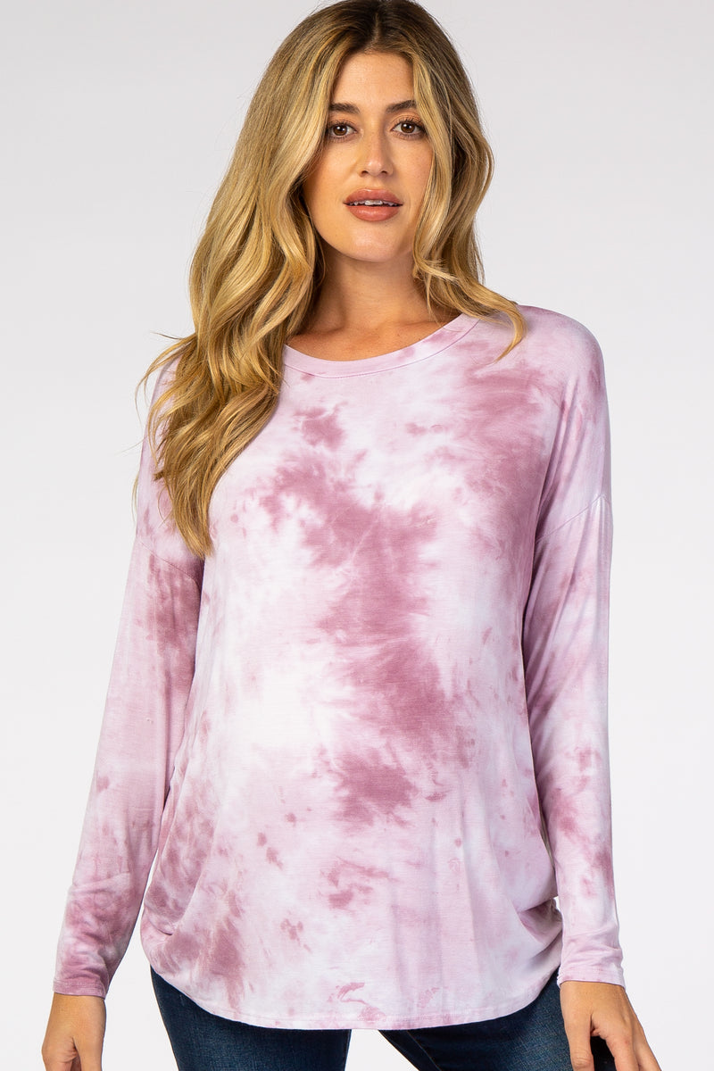 Mauve Tie Dye 3/4 Bell Sleeve Pleat Front Y Neck Top - Petite