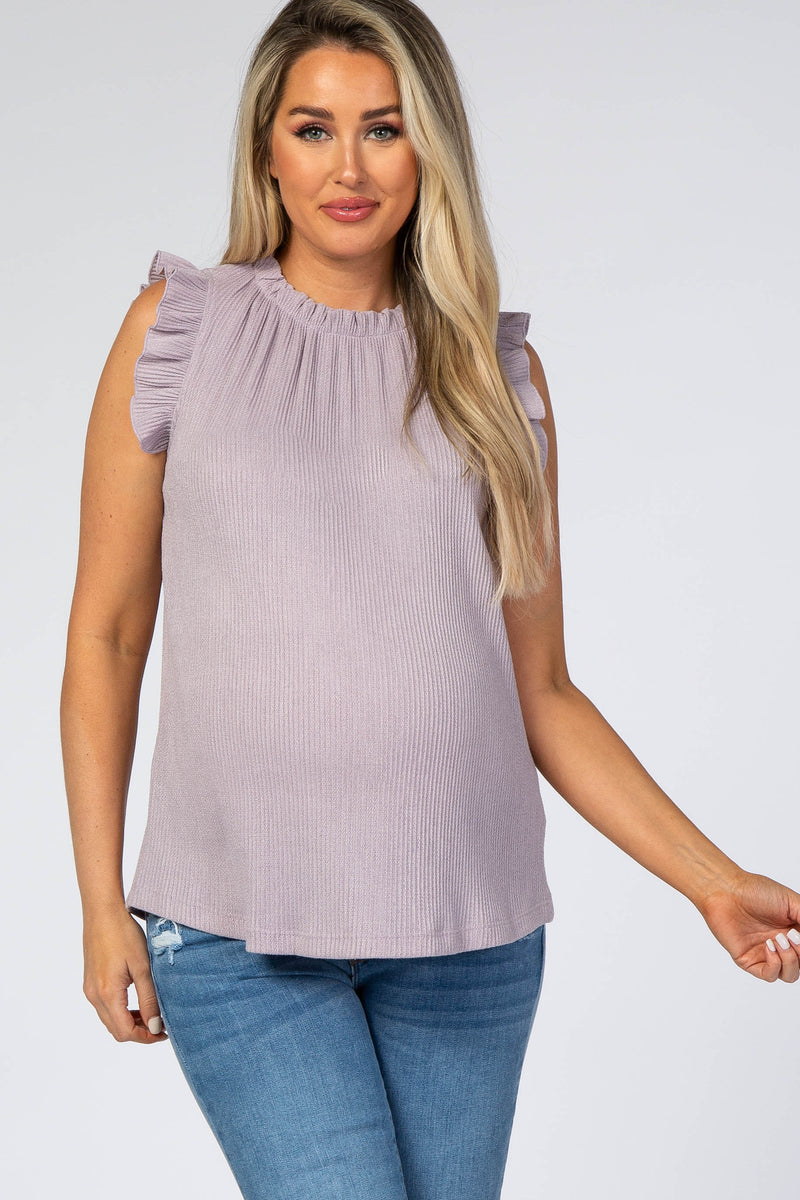 Lavender Floral Chiffon Ruffle Mock Neck Maternity Dress main image 1