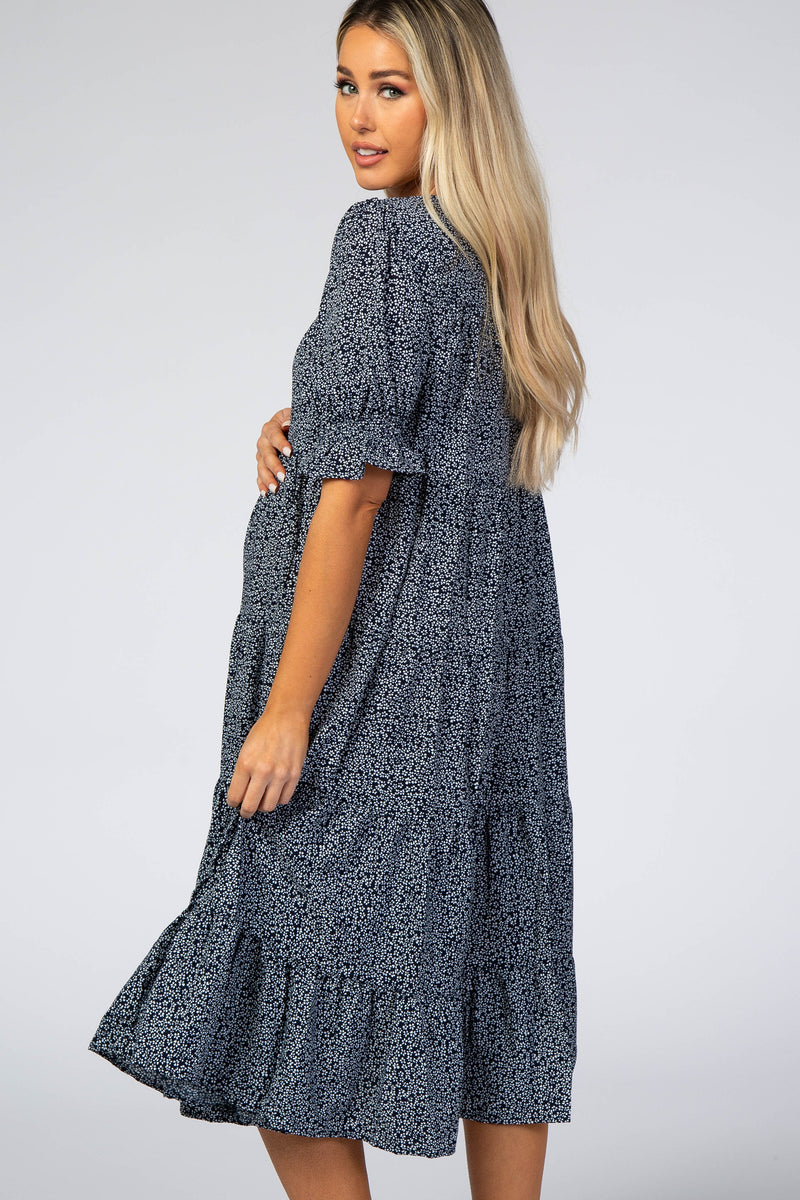 Navy Floral Tiered Maternity Midi Dress – PinkBlush image.