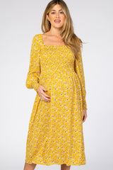 Yellow Floral Smocked Bubble Sleeve Maternity Midi Dress